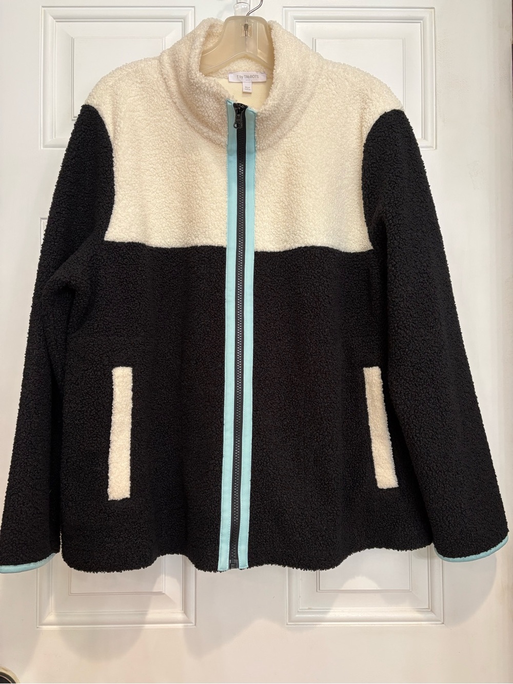 T by Talbots Colorblock Sherpa Fleece Jacket, Black & Cream with Light Blue Trim